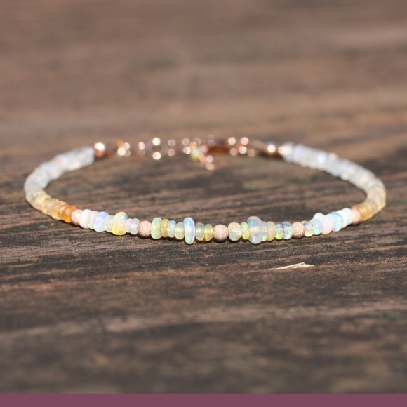 Handmade Natural Fire Opal Bracelet 14k Rose Gold Filled , 7.2" - 7.9" - Picture 7 of 12